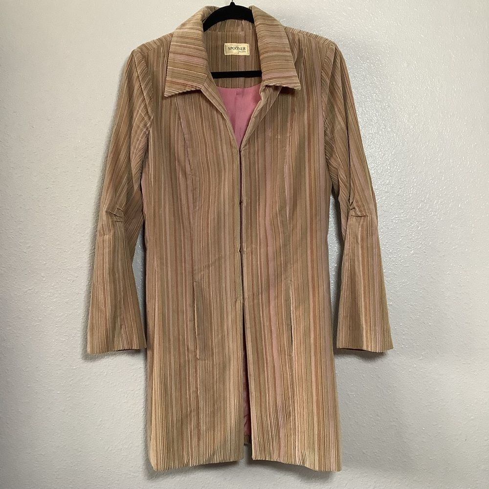 Vintage Long Pink Tan Green Earthy Striped Collared Long Silk Cotton Jacket Sz 8